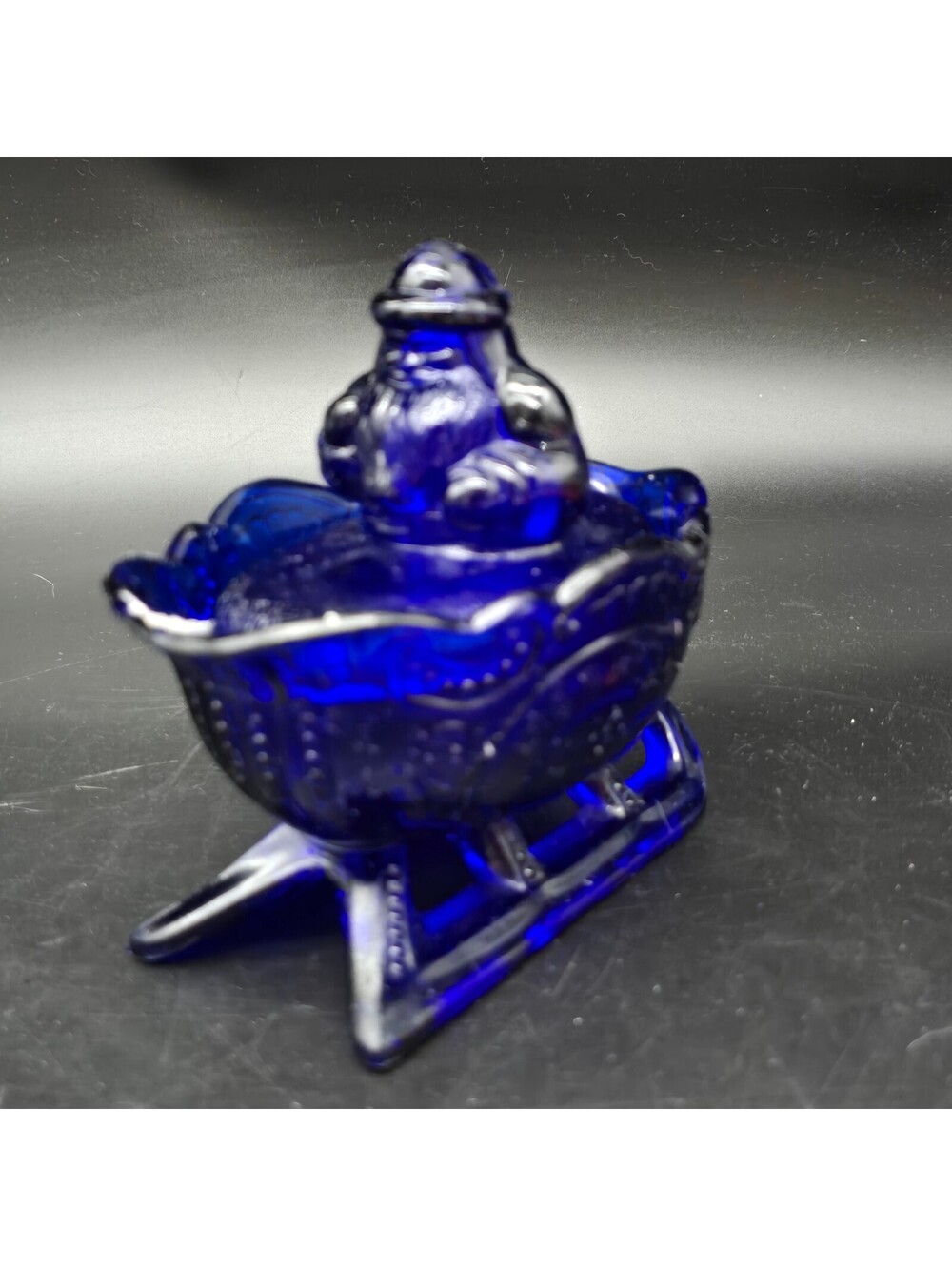 Vintage Westmoreland Cobalt Blue Glass Santa on Sleigh Covered Candy Dish